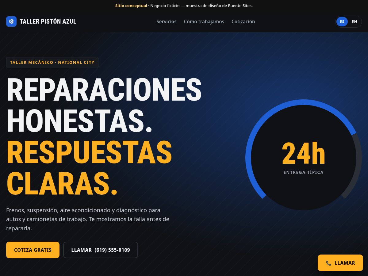 Screenshot of the Pistón Azul auto repair concept site