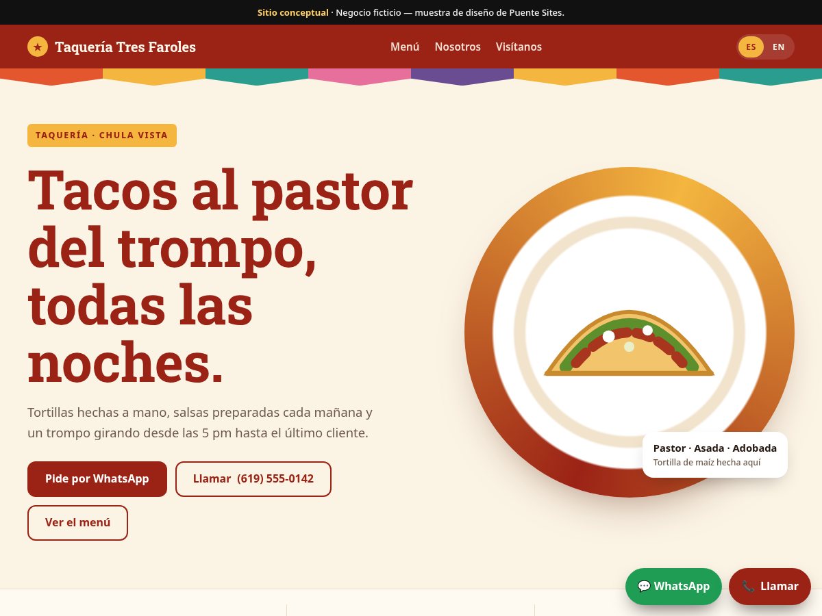 Screenshot of the Taquería Tres Faroles concept site